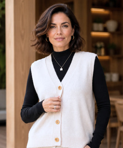 Comprar colete feminino em tricot com gola V e botões, ideal para sobrepor looks elegantes de outono e inverno em promoção Anellimn