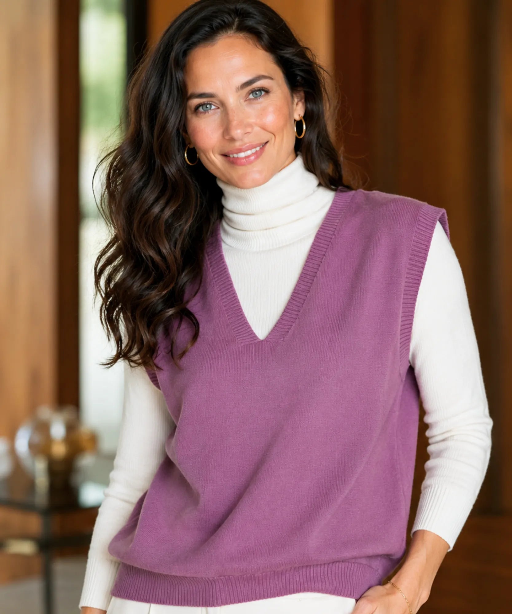Comprar colete tricot feminino gola v lilás barato Anellimn