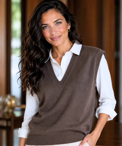 Comprar colete tricot feminino gola v marrom escuro barato Anellimn