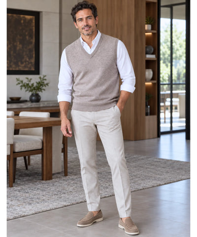 Comprar colete tricot masculino bege corpo inteiro com calça social barato Anellimn