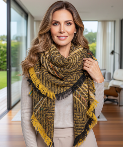 Comprar cachecol echarpe feminino xadrez manta triangular com franjas em promoção ANELLIMN