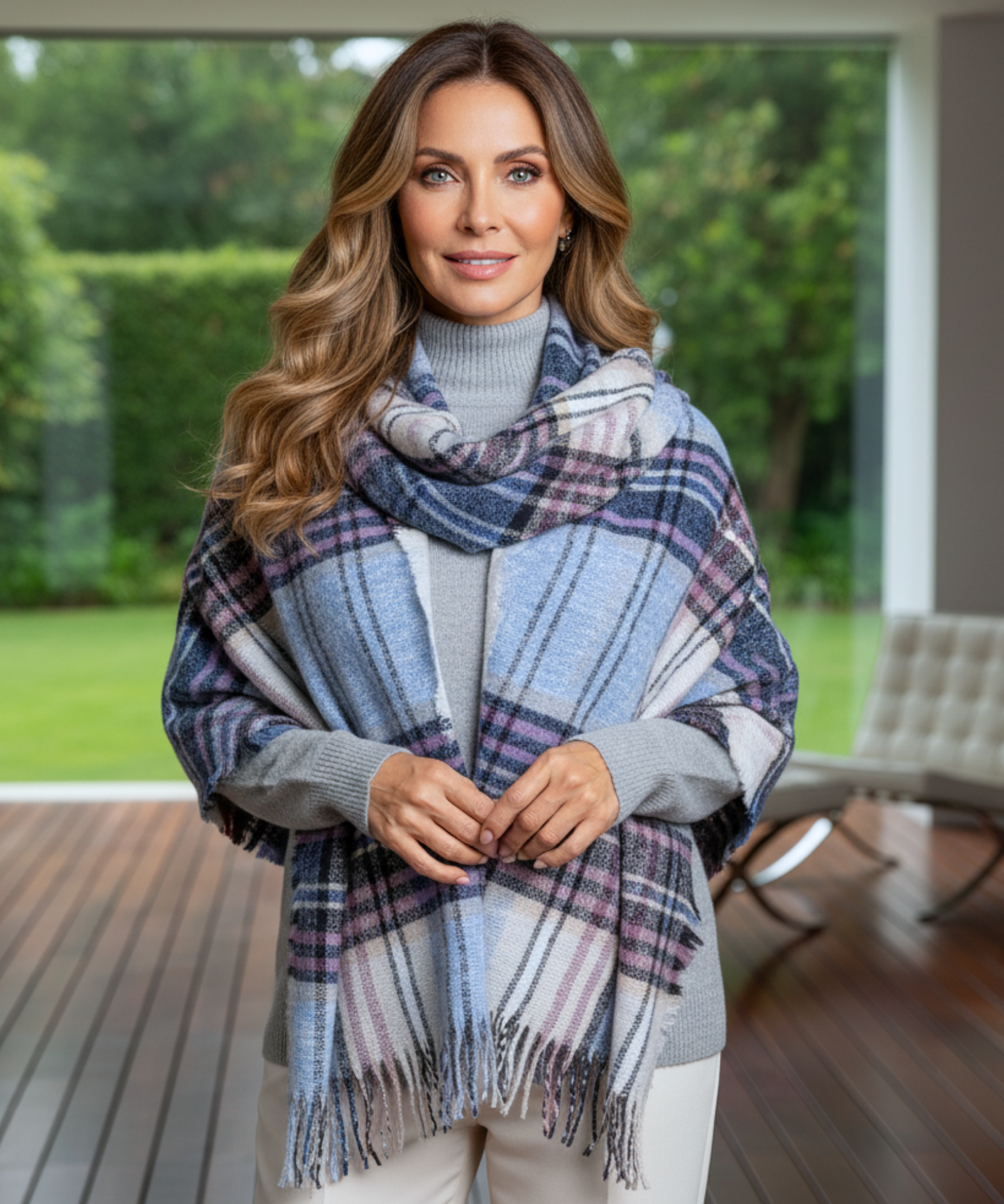 Comprar cachecol echarpe feminino xadrez manta triangular com franjas em promoção ANELLIMN