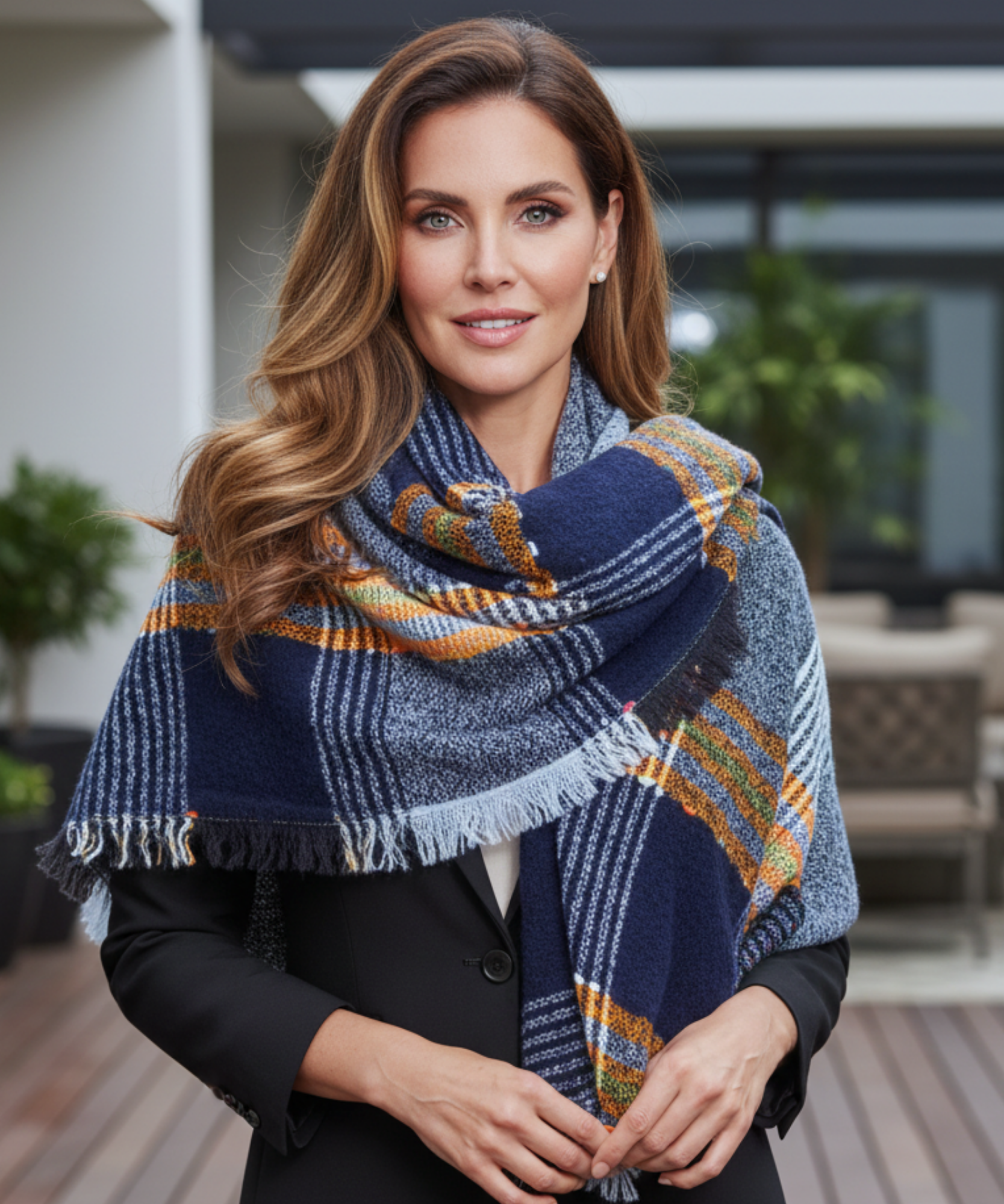 Comprar cachecol echarpe feminino xadrez manta triangular com franjas em promoção ANELLIMN