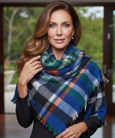 Comprar cachecol echarpe feminino xadrez manta triangular com franjas em promoção ANELLIMN