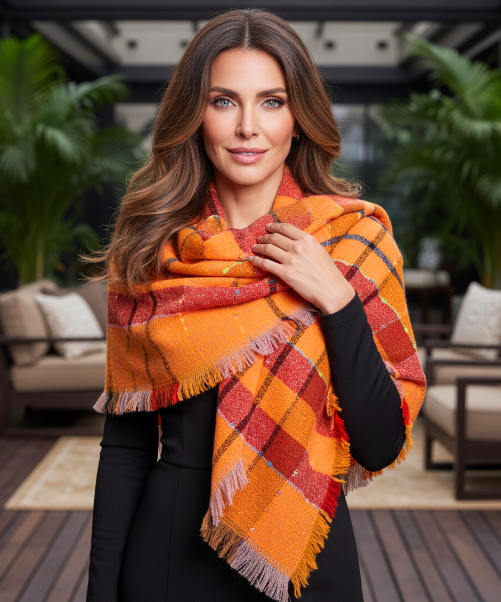 Comprar cachecol echarpe feminino xadrez manta triangular com franjas em promoção ANELLIMN