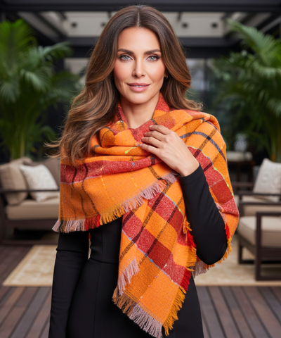 Comprar cachecol echarpe feminino xadrez manta triangular com franjas em promoção ANELLIMN