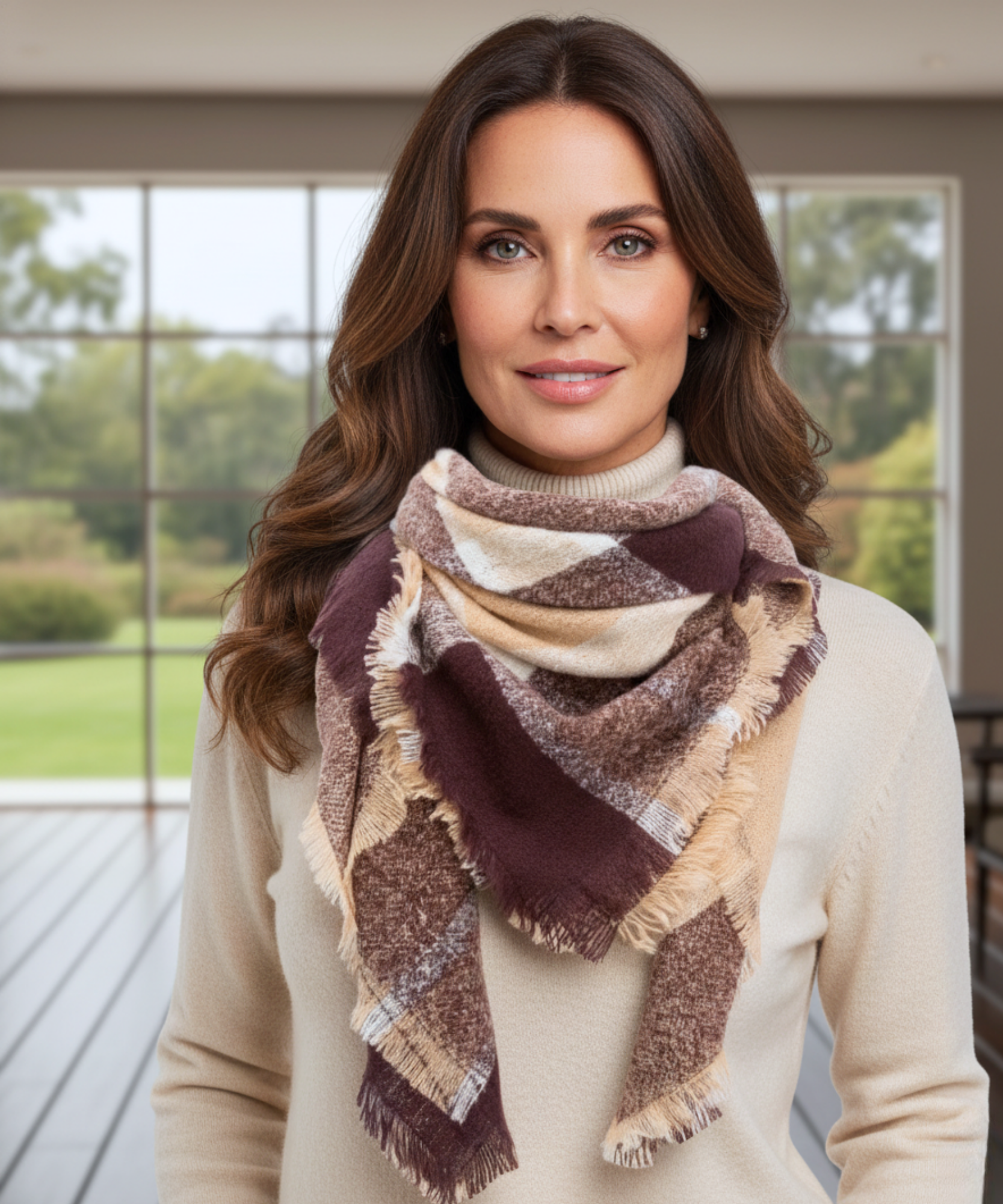 Comprar cachecol echarpe feminino xadrez manta triangular com franjas em promoção ANELLIMN