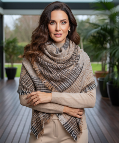 Comprar cachecol echarpe feminino xadrez manta triangular com franjas em promoção ANELLIMN