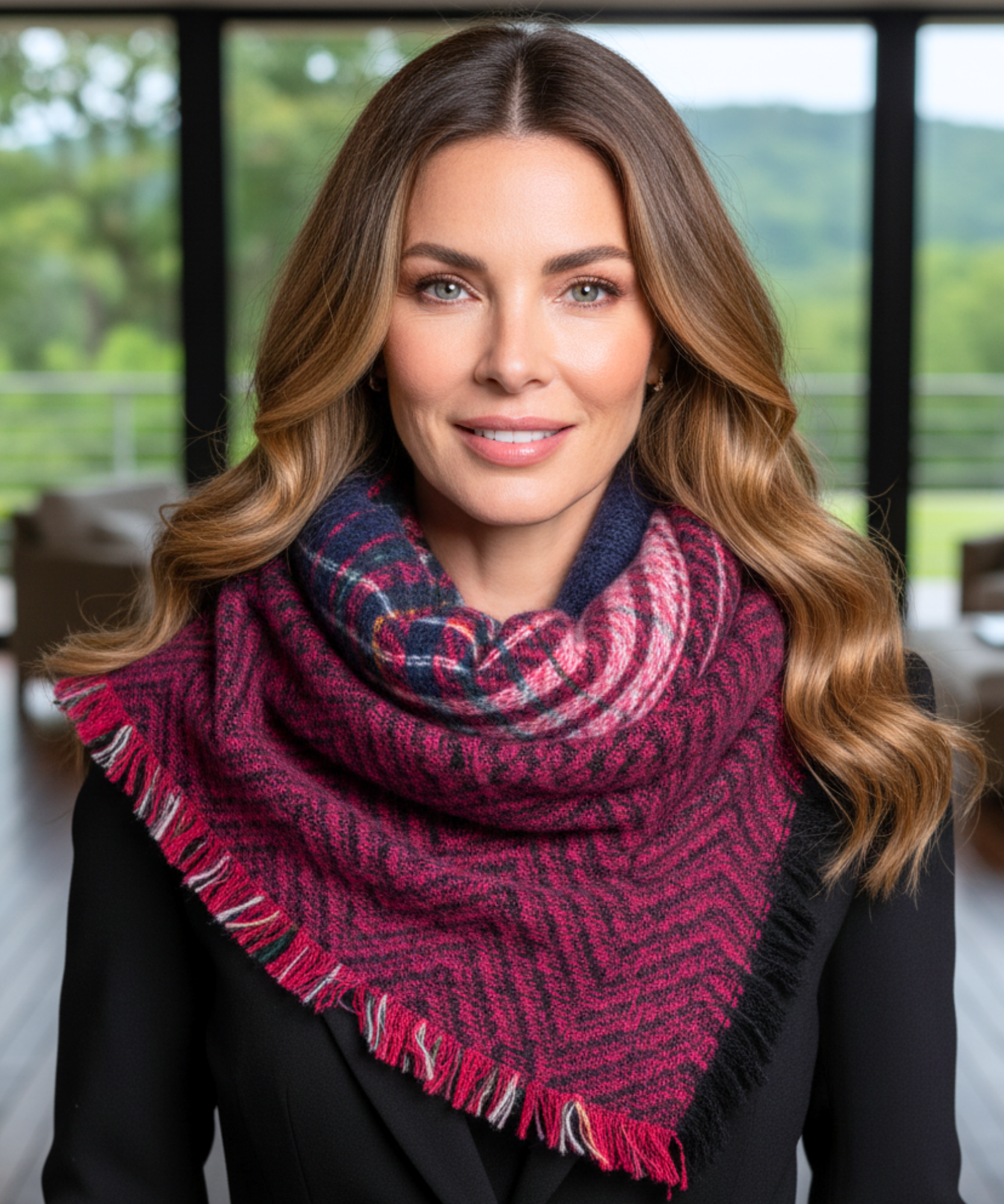 Comprar cachecol echarpe feminino xadrez manta triangular com franjas em promoção ANELLIMN