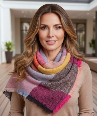 Comprar cachecol echarpe feminino xadrez manta triangular com franjas em promoção ANELLIMN