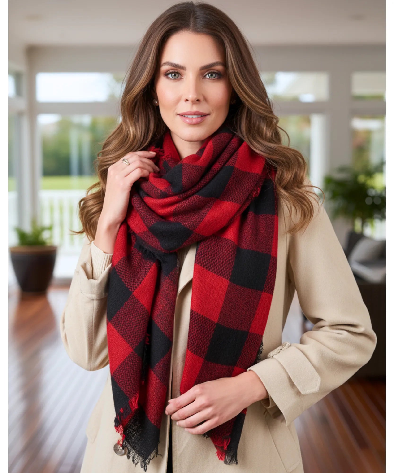 Comprar cachecol echarpe feminino xadrez manta triangular com franjas em promoção ANELLIMN