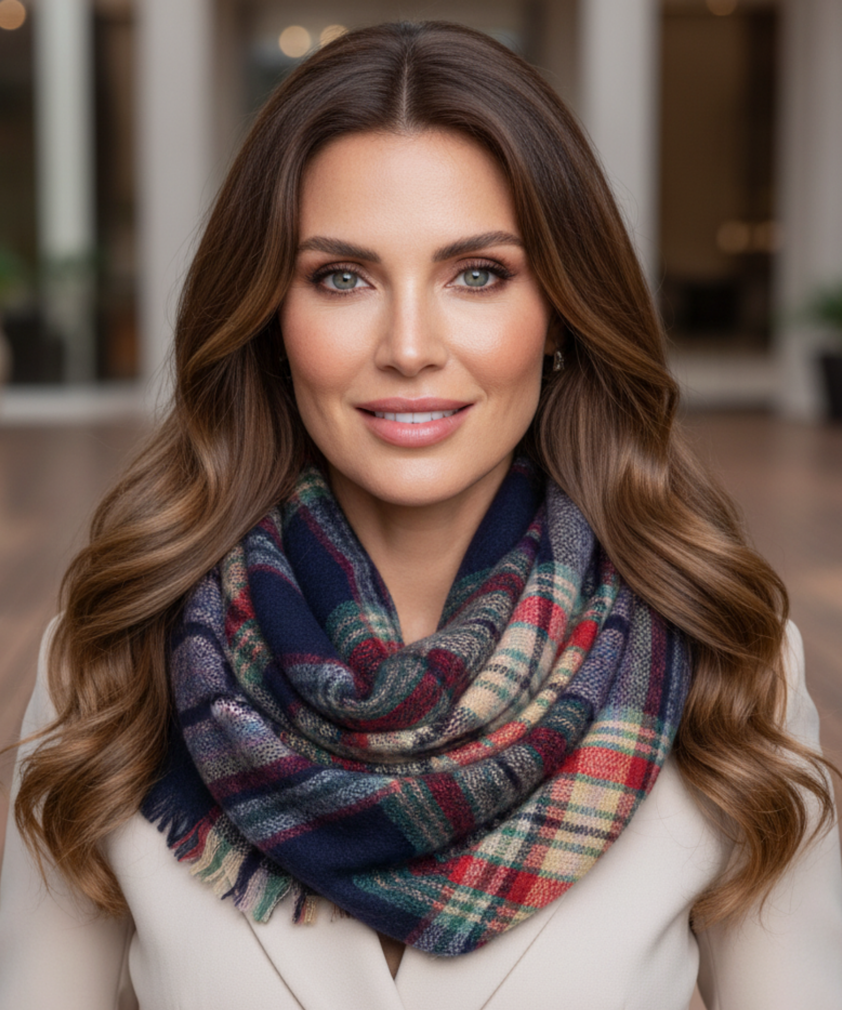 Comprar cachecol echarpe feminino xadrez manta triangular com franjas em promoção ANELLIMN