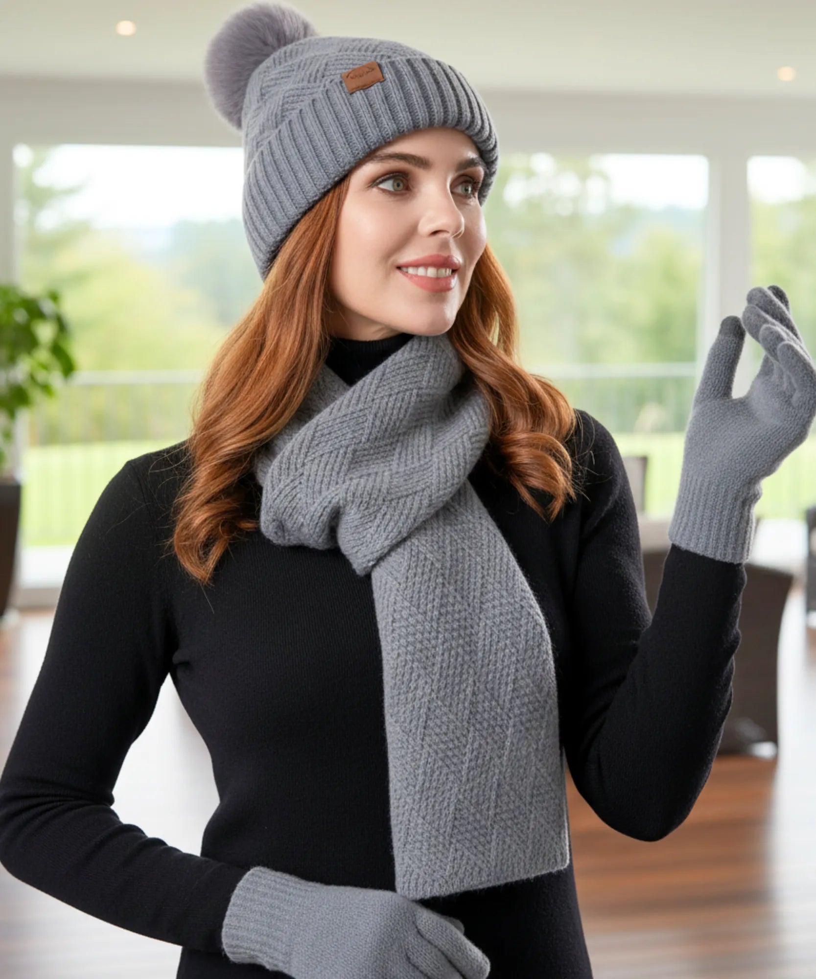 Comprar cachecol feminino kit 3 peças tricô gorro com pompom e luvas touchscreen forro aveludado em promoção ANELLIMN