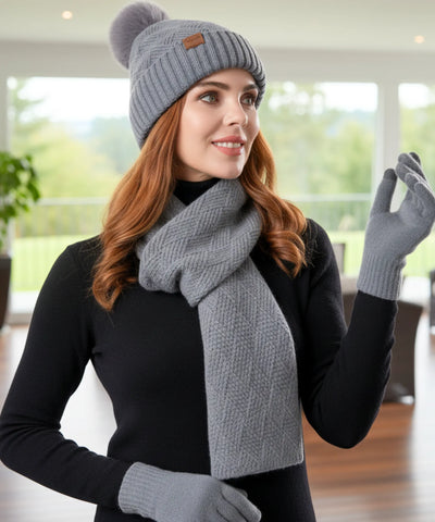 Comprar cachecol feminino kit 3 peças tricô gorro com pompom e luvas touchscreen forro aveludado em promoção ANELLIMN