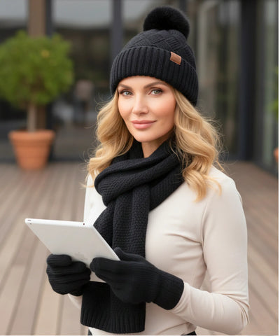Comprar cachecol feminino kit 3 peças tricô gorro com pompom e luvas touchscreen forro aveludado em promoção ANELLIMN