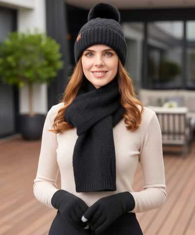 Comprar cachecol feminino kit 3 peças tricô gorro com pompom e luvas touchscreen forro aveludado em promoção ANELLIMN