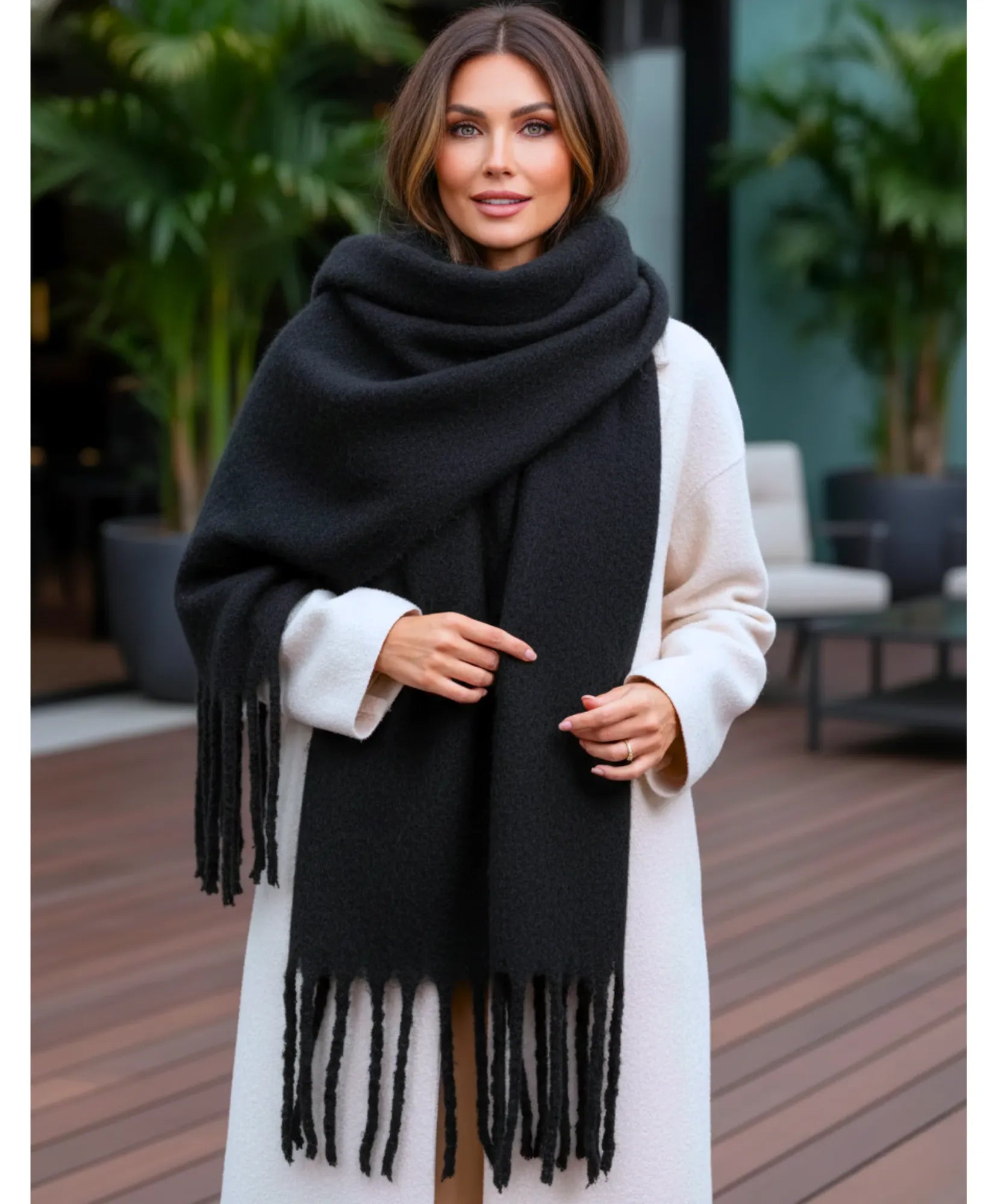 Comprar cachecol feminino longo grosso lã felpuda com franjas 240cm várias cores inverno barato ANELLIMN