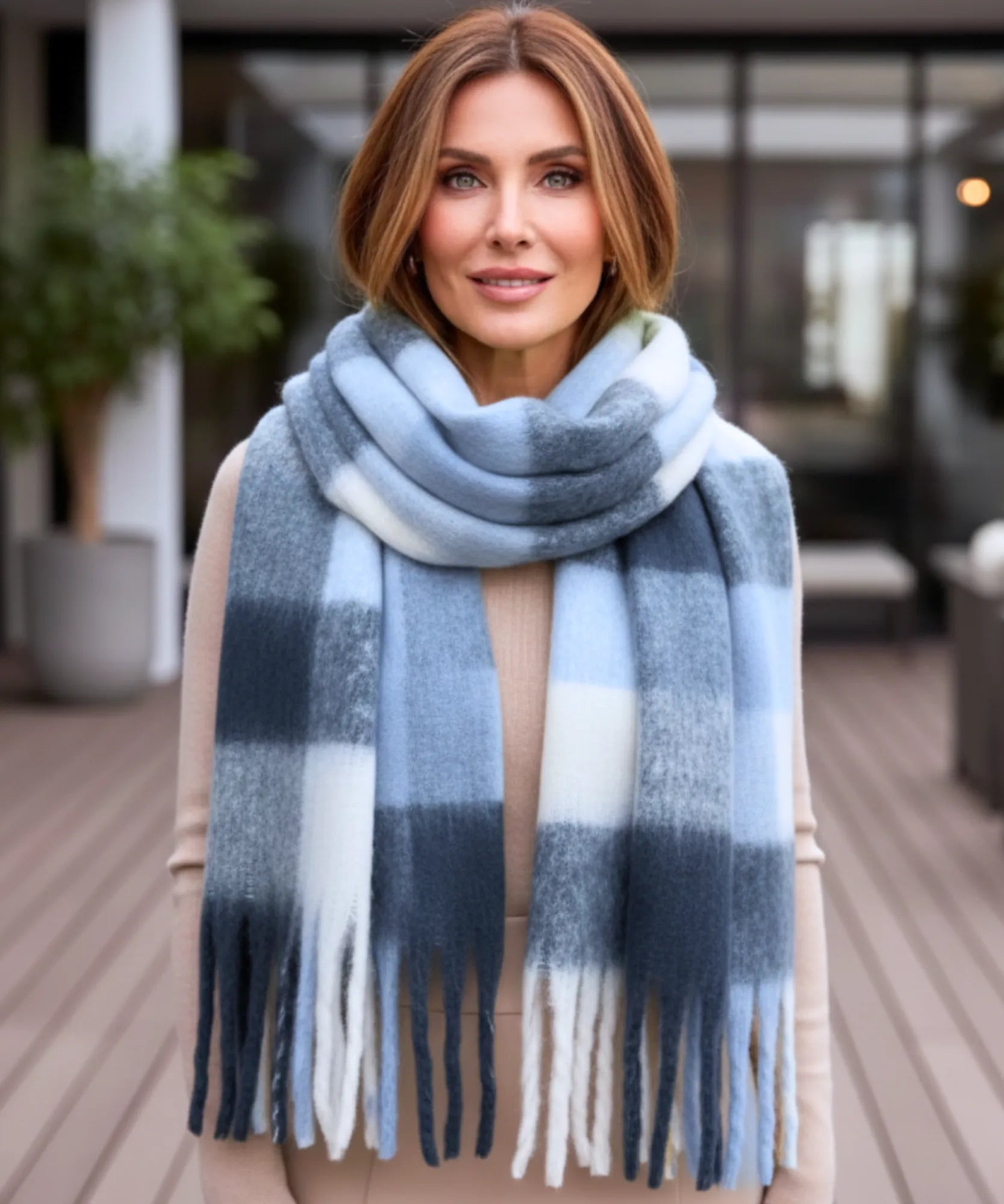 Comprar cachecol feminino xadrez grosso felpudo com franjas soft quente inverno em promoção ANELLIMN