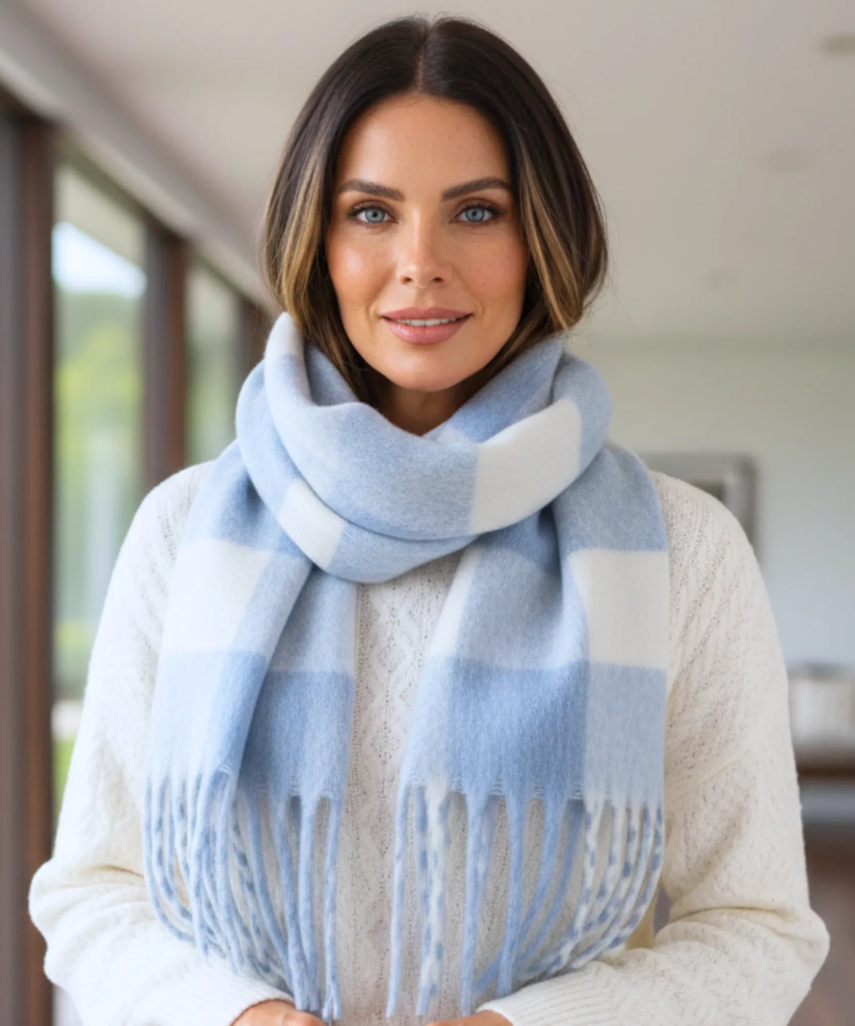 Comprar cachecol feminino xadrez grosso felpudo com franjas soft quente inverno em promoção ANELLIMN