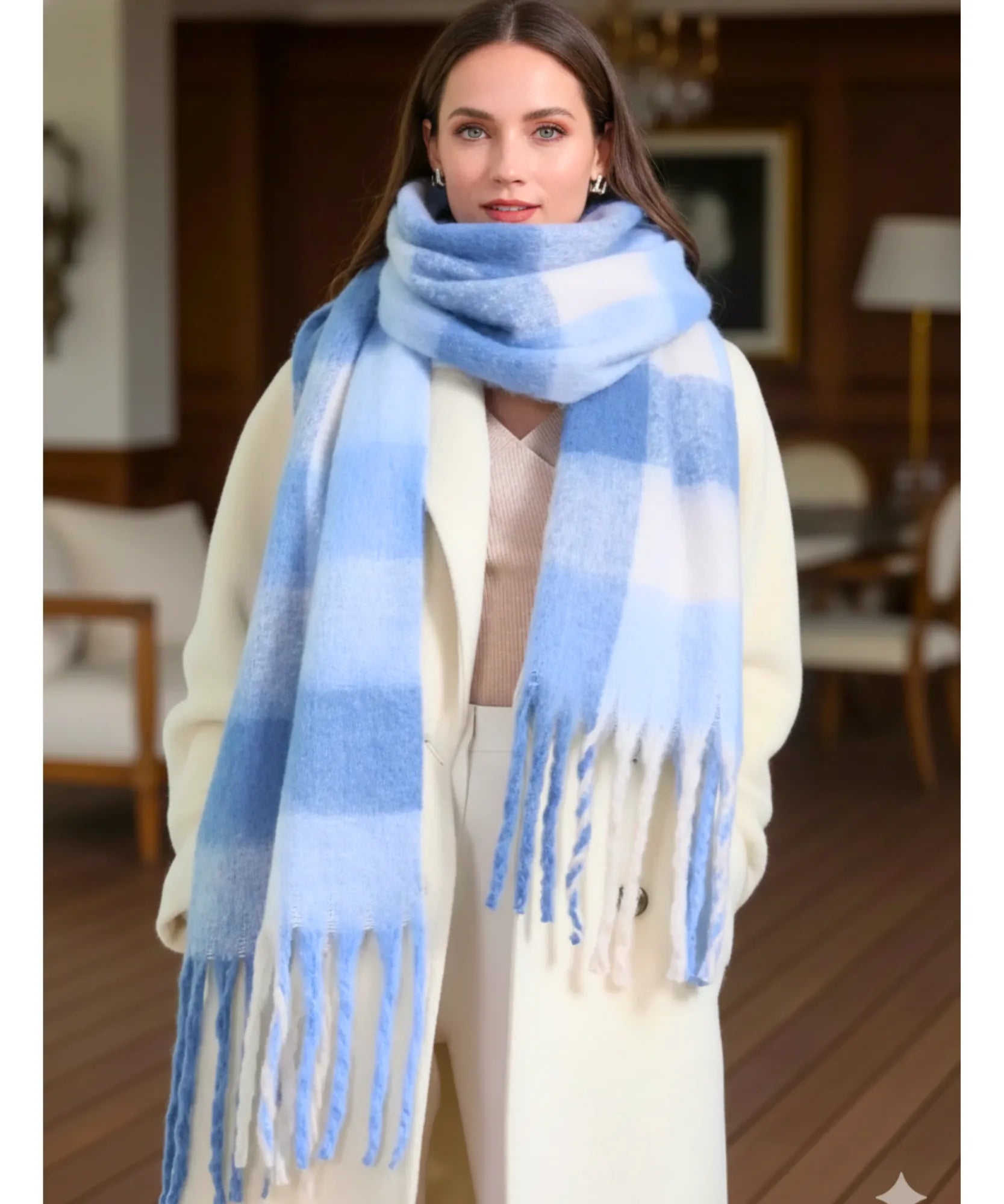 Comprar cachecol feminino xadrez grosso felpudo com franjas soft quente inverno em promoção ANELLIMN