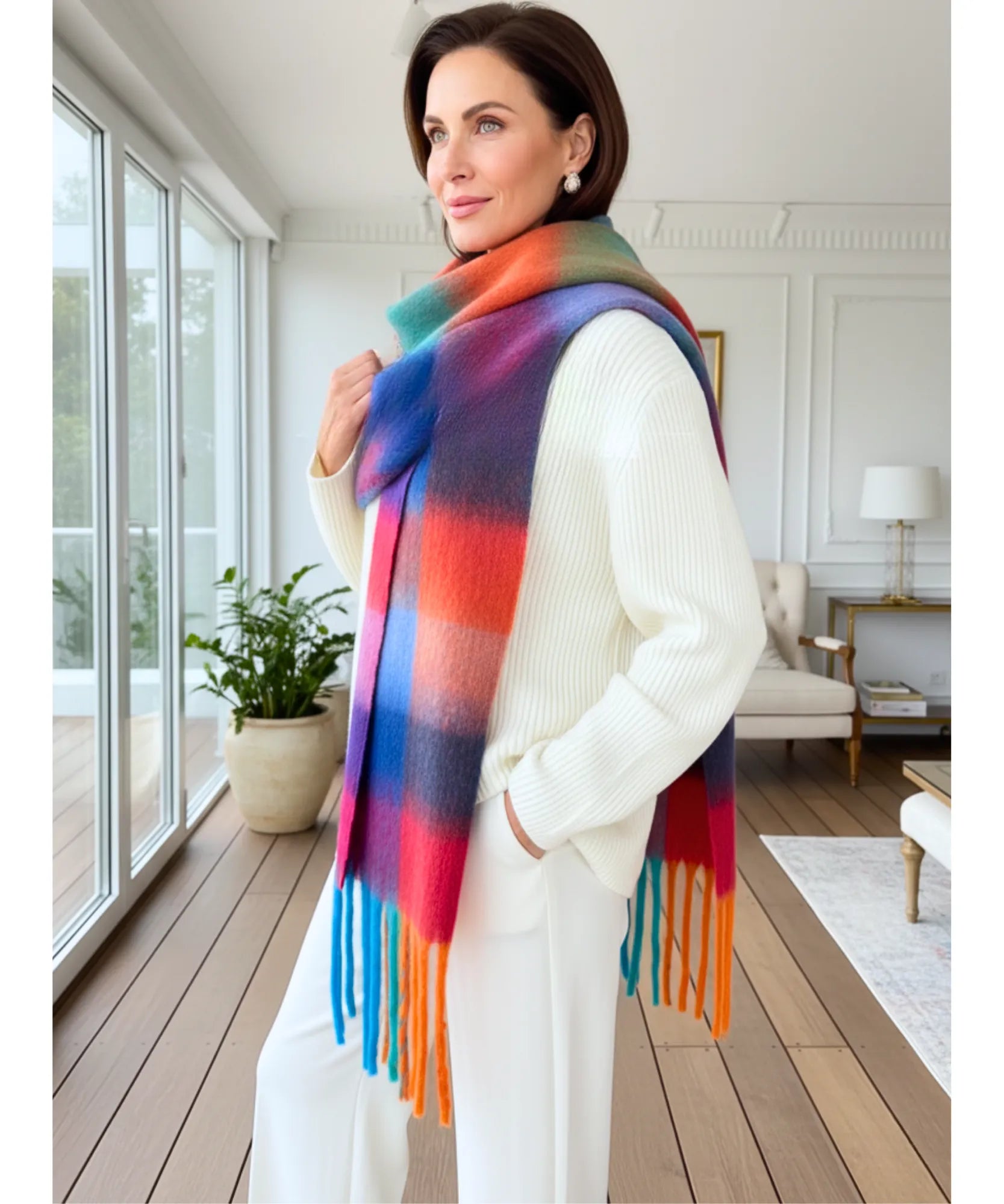 Comprar cachecol feminino xadrez grosso felpudo com franjas soft quente inverno em promoção ANELLIMN