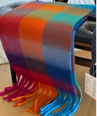 Comprar cachecol feminino xadrez grosso felpudo com franjas soft quente inverno em promoção ANELLIMN