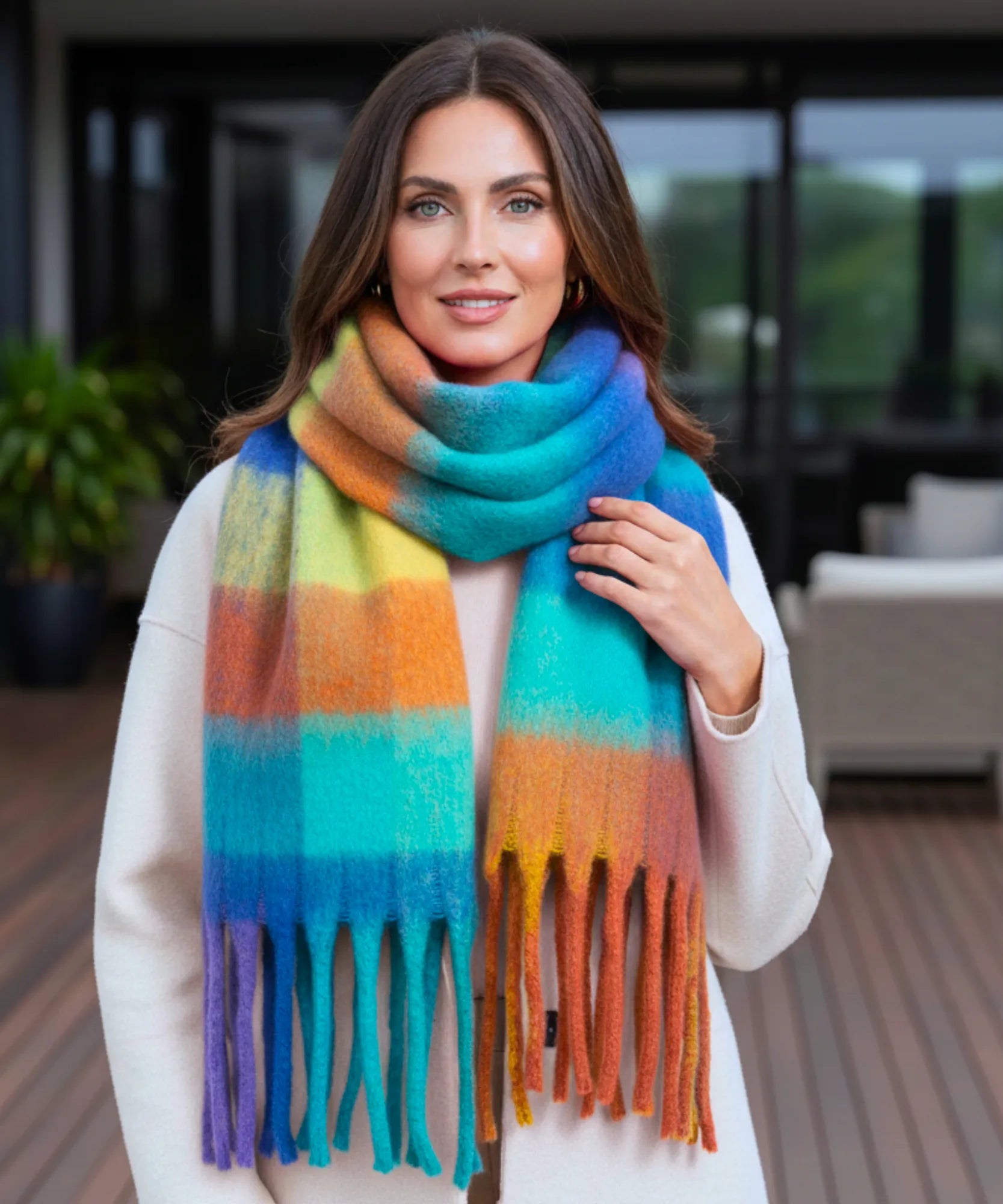 Comprar cachecol feminino xadrez grosso felpudo com franjas soft quente inverno em promoção ANELLIMN