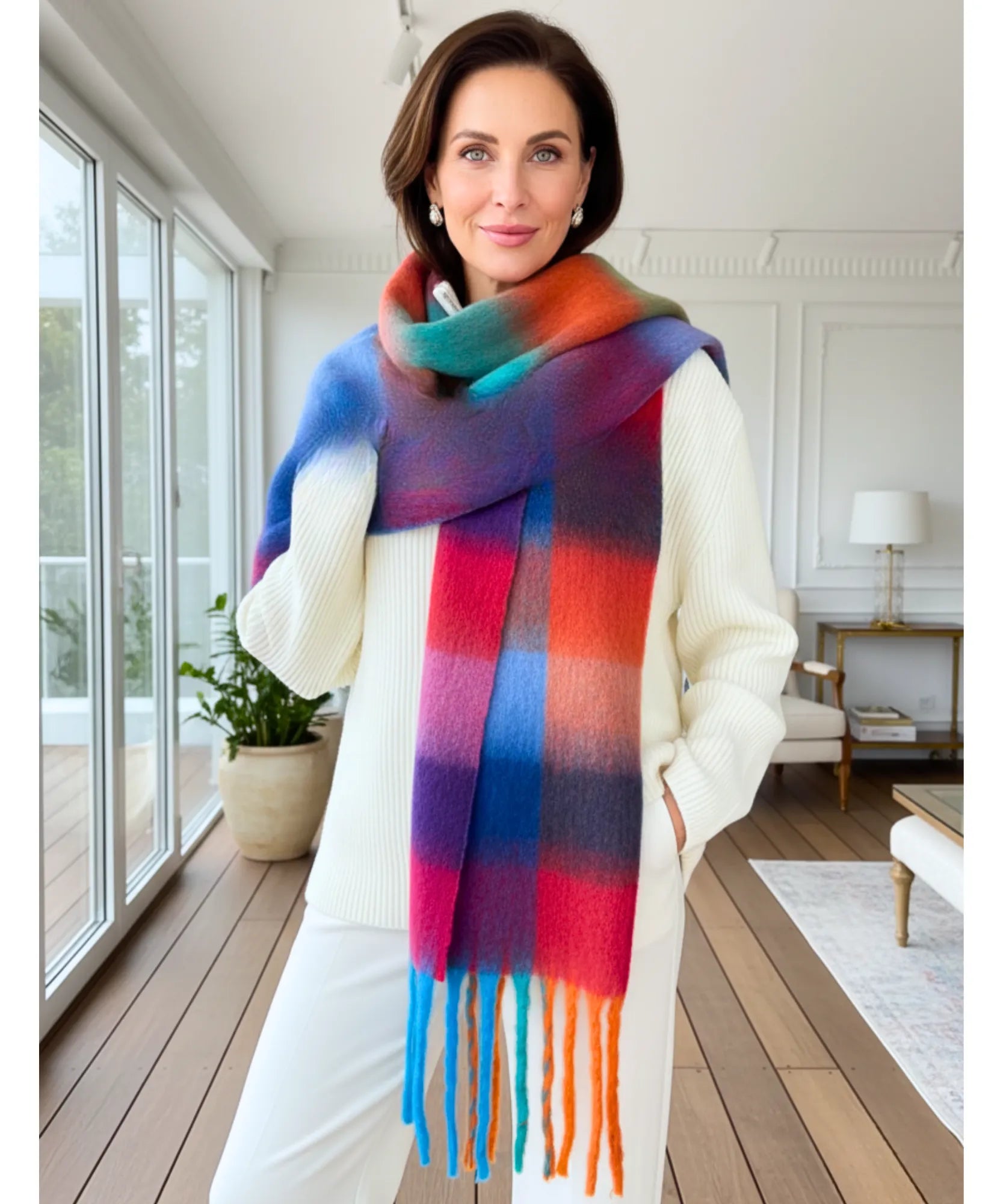 Comprar cachecol feminino xadrez grosso felpudo com franjas soft quente inverno em promoção ANELLIMN