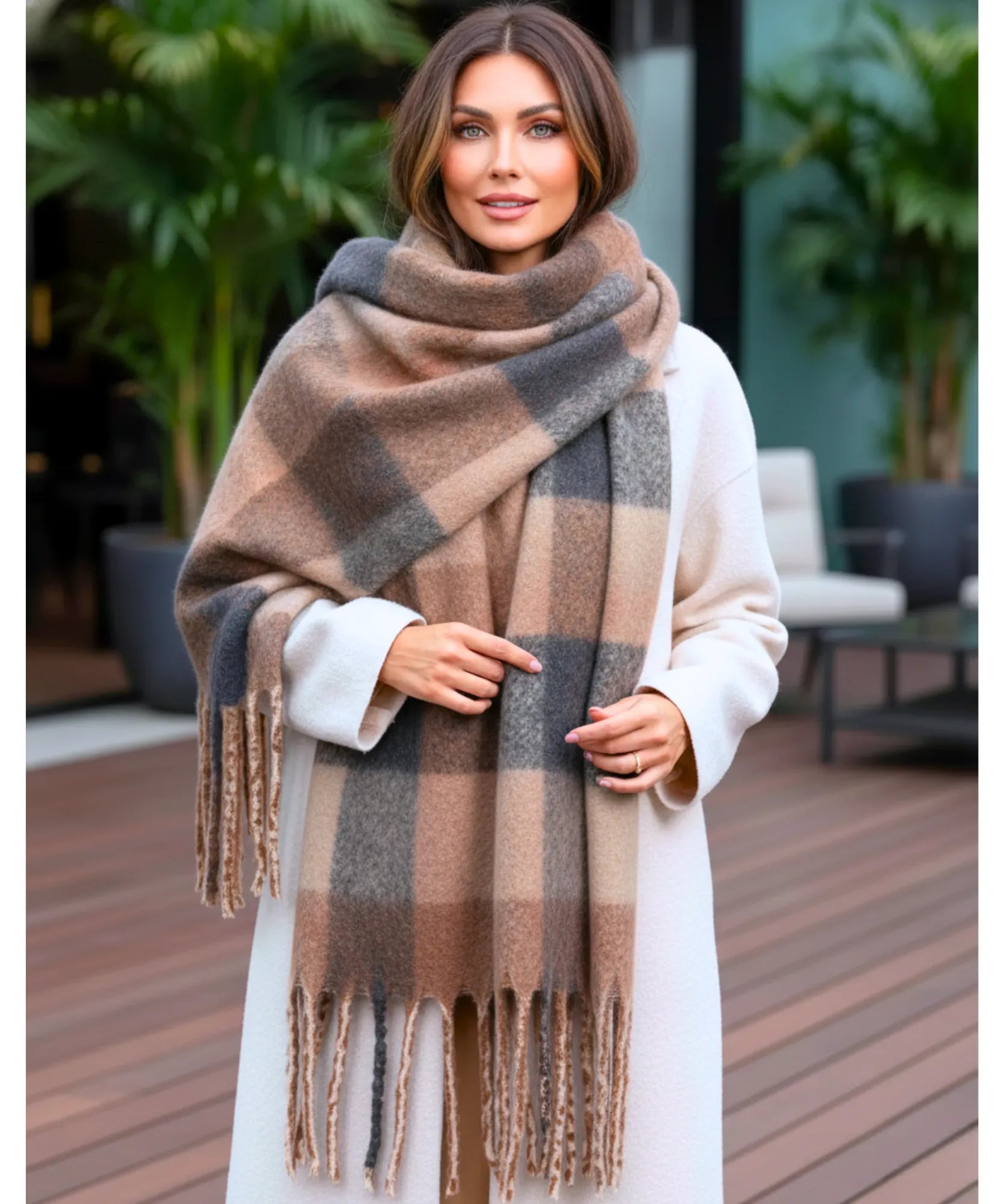 Comprar cachecol feminino xadrez grosso felpudo com franjas soft quente inverno em promoção ANELLIMN