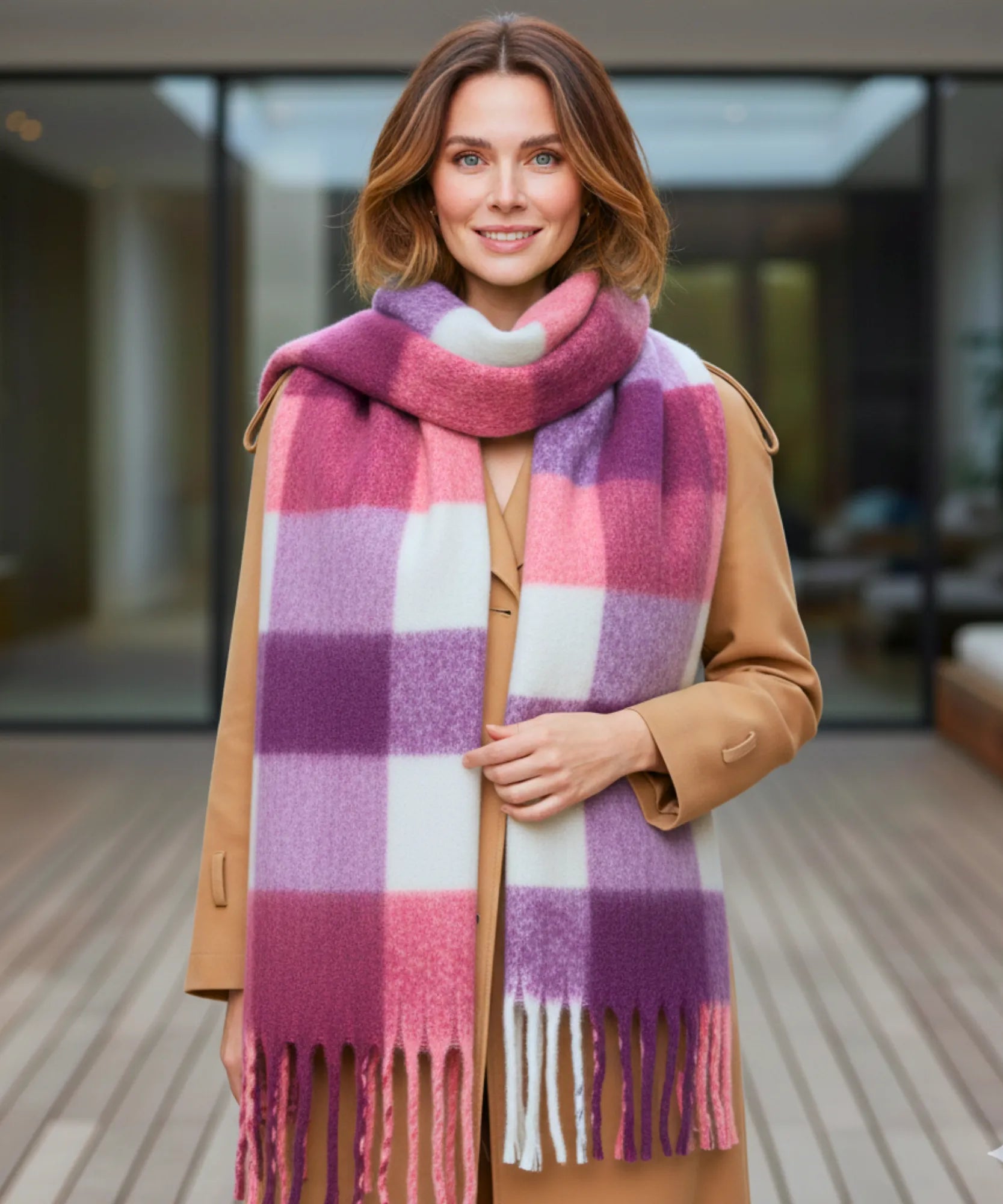 Comprar cachecol feminino xadrez grosso felpudo com franjas soft quente inverno em promoção ANELLIMN