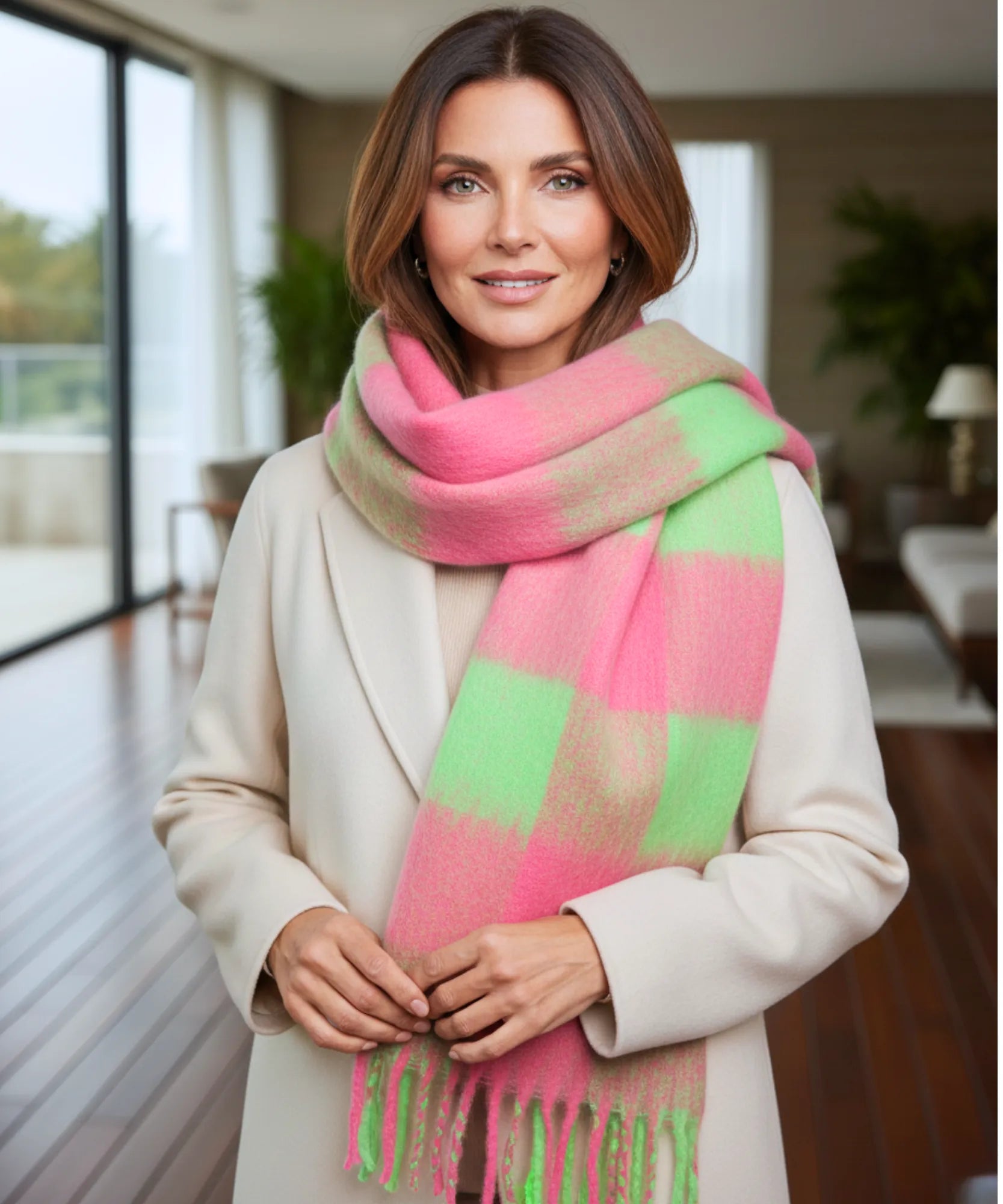 Comprar cachecol feminino xadrez grosso felpudo com franjas soft quente inverno em promoção ANELLIMN