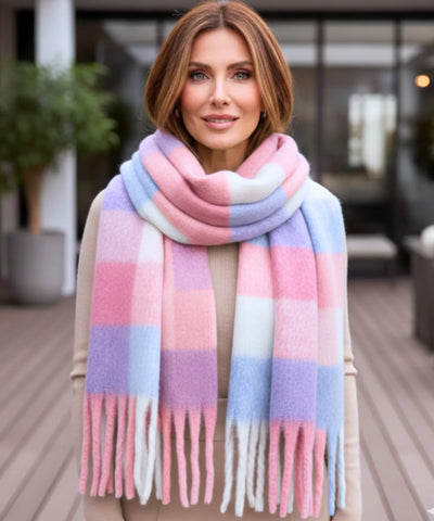 Comprar cachecol feminino xadrez grosso felpudo com franjas soft quente inverno em promoção ANELLIMN