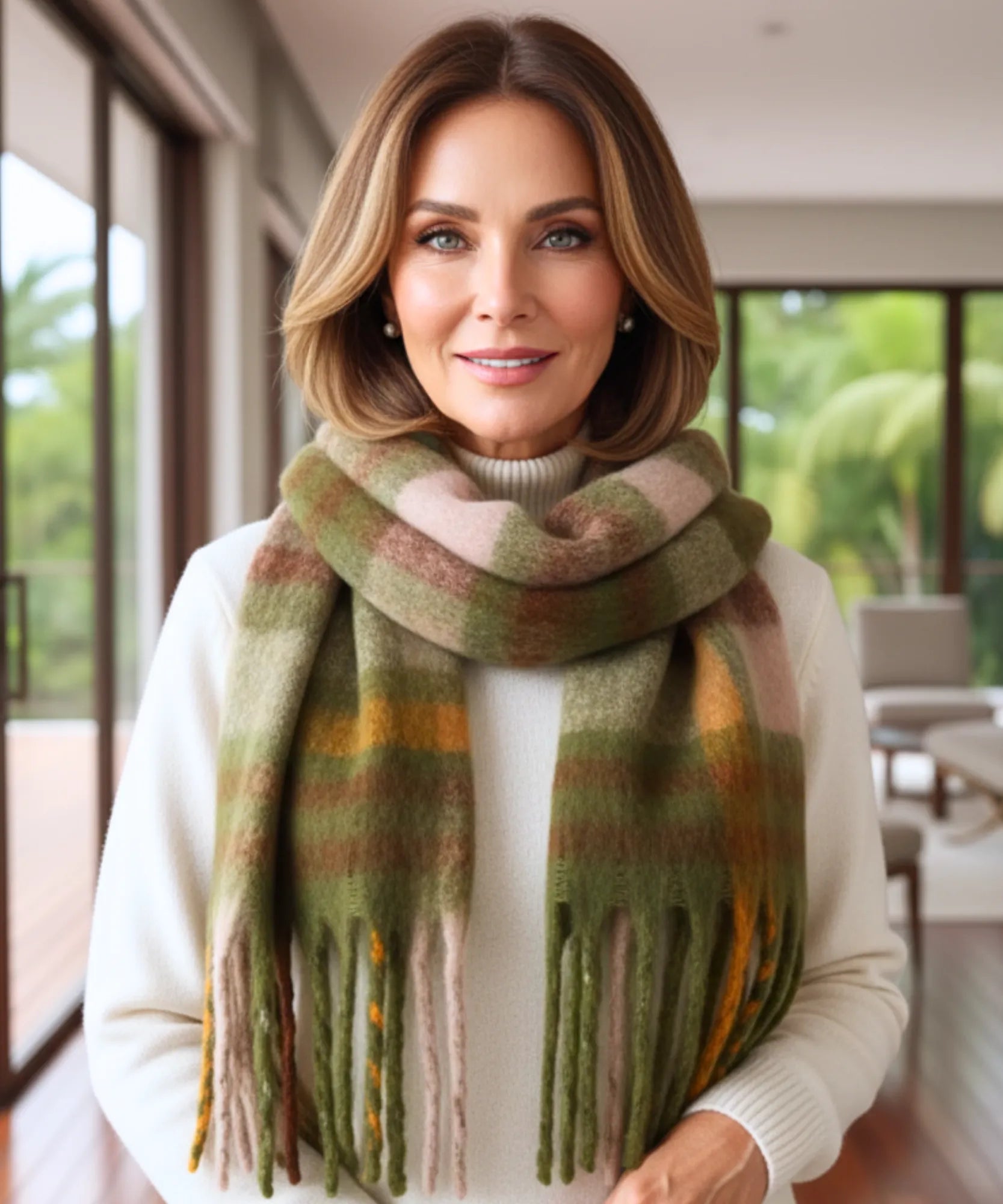 Comprar cachecol feminino xadrez grosso felpudo com franjas soft quente inverno em promoção ANELLIMN