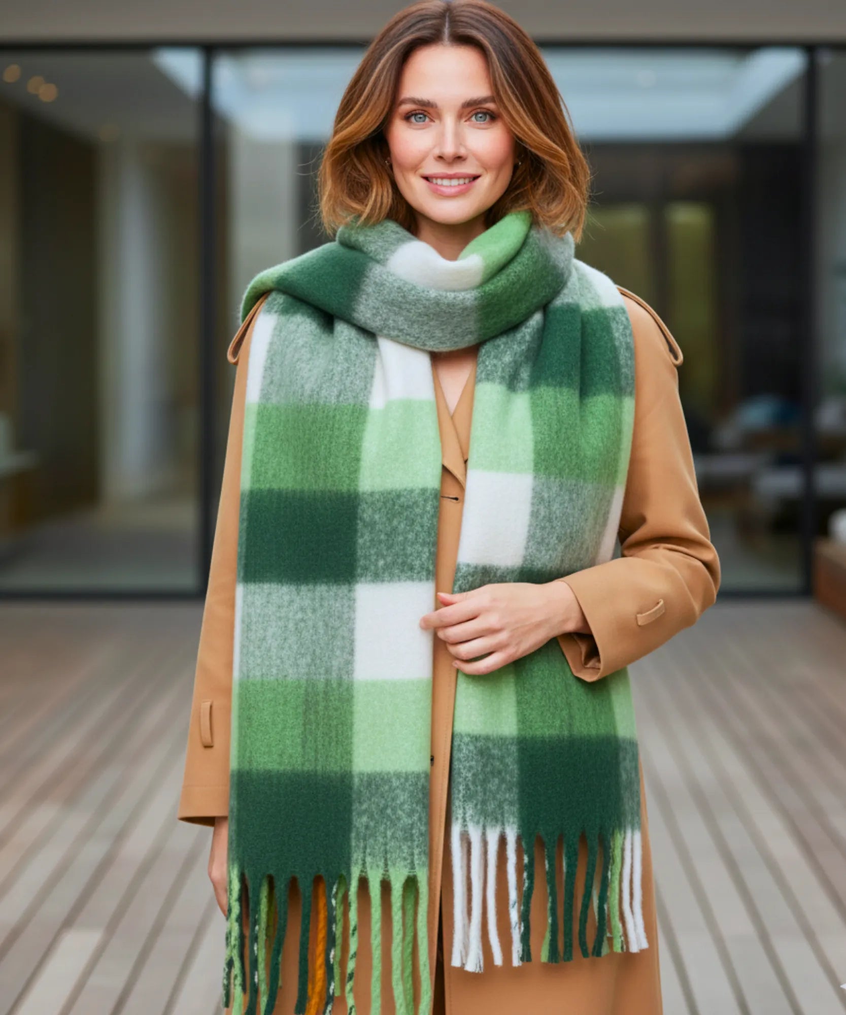 Comprar cachecol feminino xadrez grosso felpudo com franjas soft quente inverno em promoção ANELLIMN