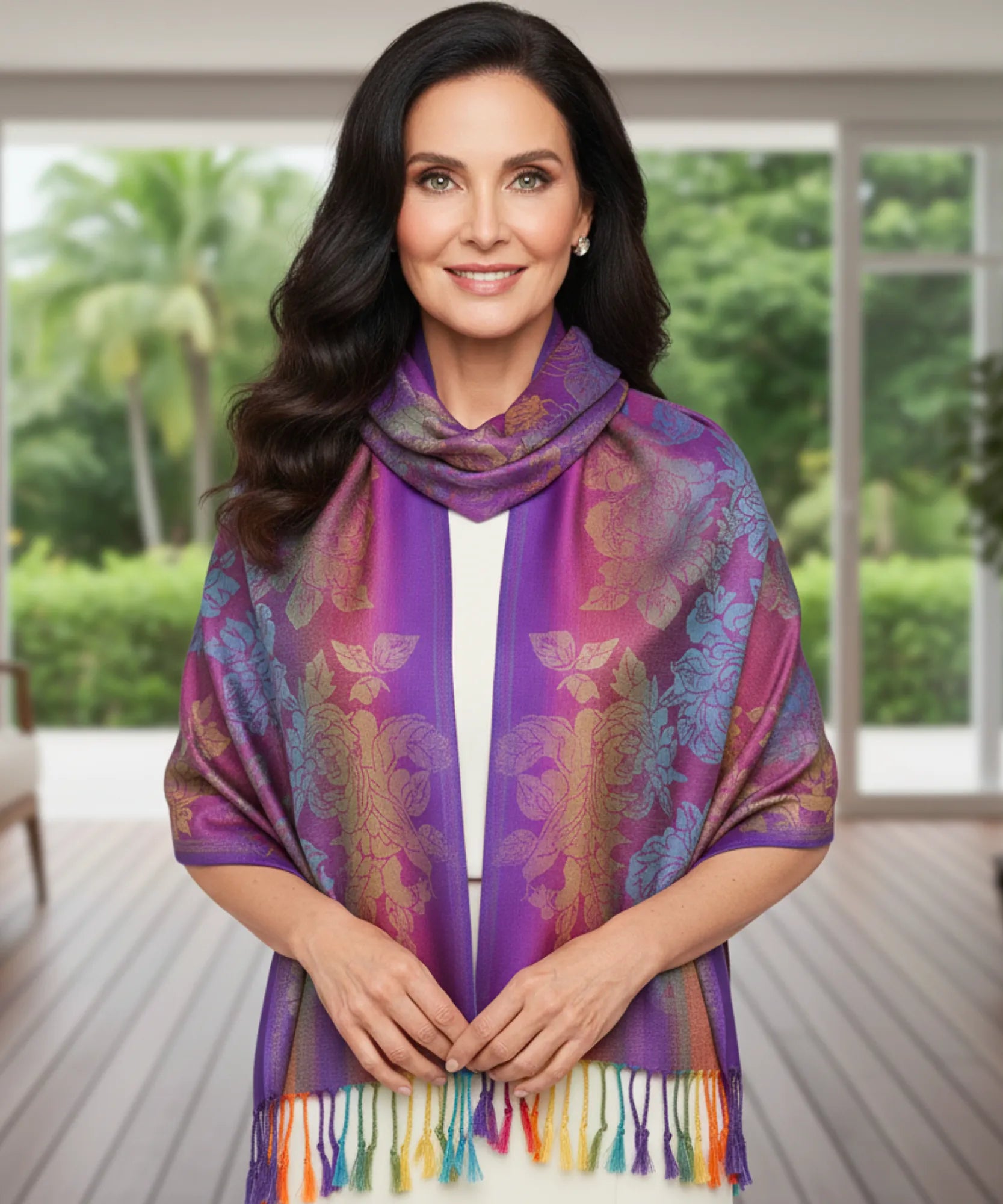 Comprar echarpe feminina jacquard estampa penas de pavão multicolorida com franjas barato  ANELLIMN