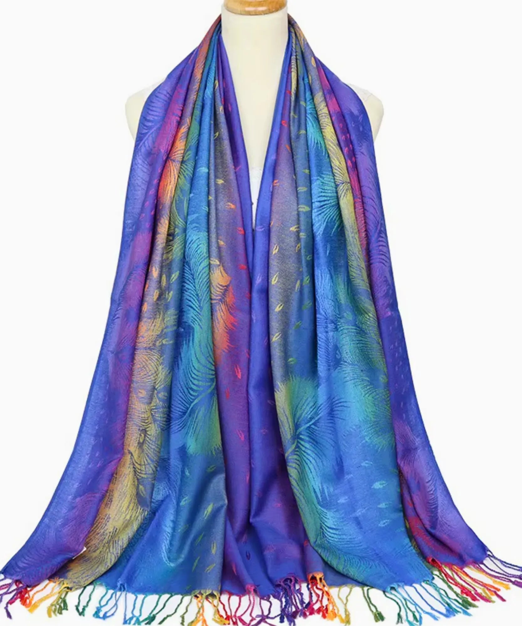 Comprar echarpe feminina jacquard estampa penas de pavão multicolorida com franjas barato  ANELLIMN