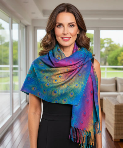 Comprar echarpe feminina jacquard estampa penas de pavão multicolorida com franjas barato  ANELLIMN