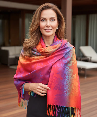 Comprar echarpe feminina jacquard estampa penas de pavão multicolorida com franjas barato  ANELLIMN