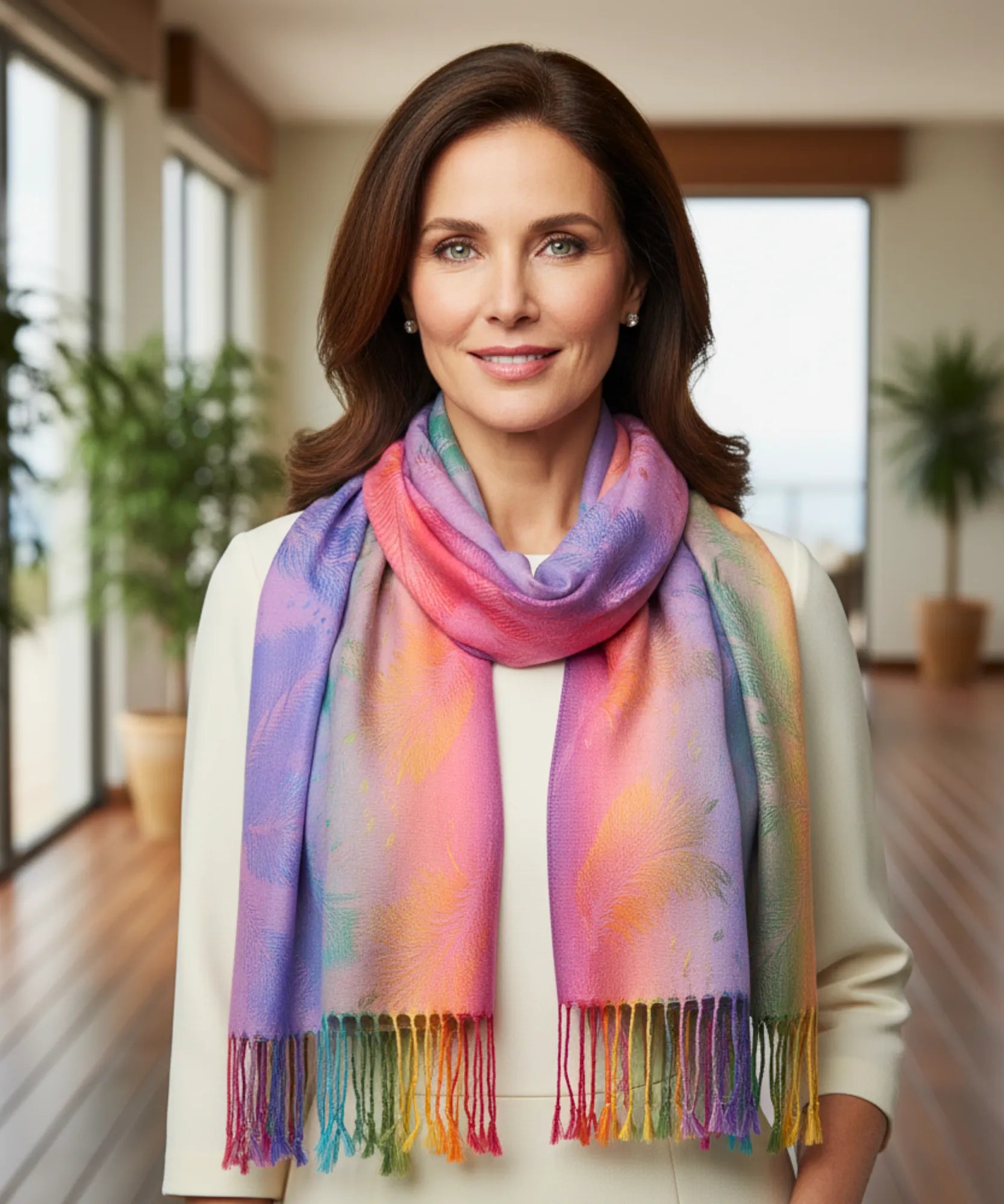 Comprar echarpe feminina jacquard estampa penas de pavão multicolorida com franjas barato  ANELLIMN