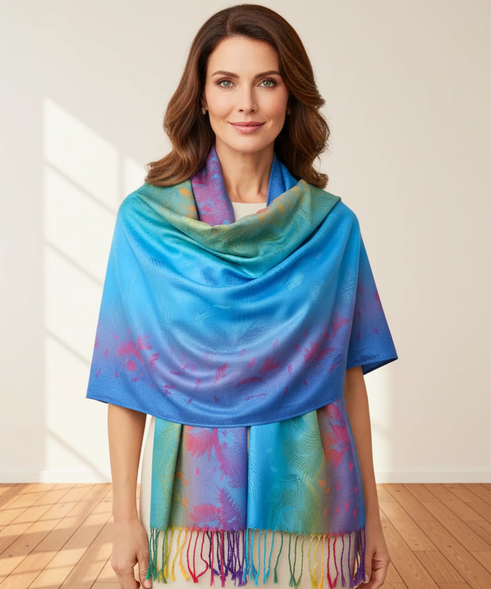 Comprar echarpe feminina jacquard estampa penas de pavão multicolorida com franjas barato  ANELLIMN