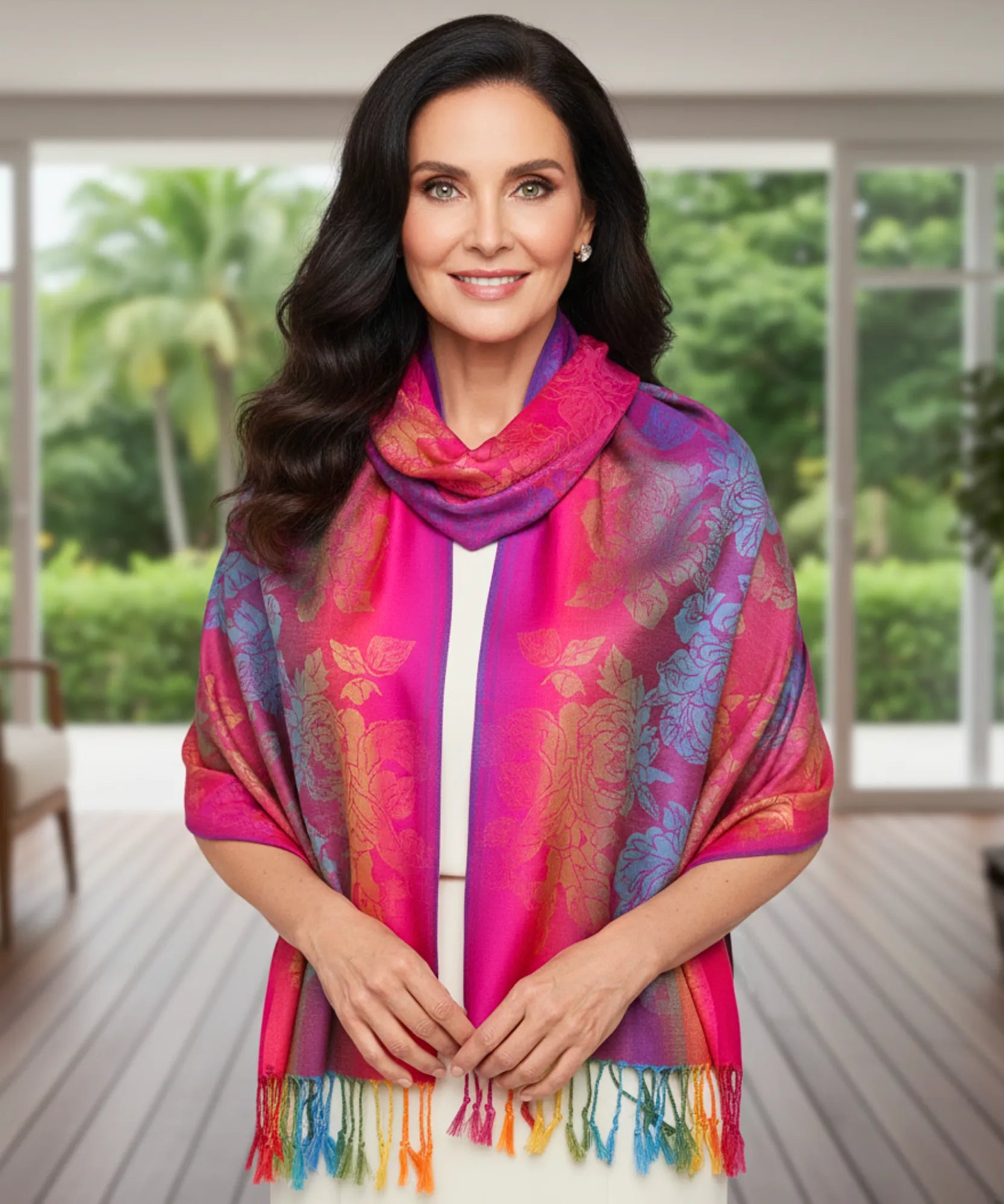 Comprar echarpe feminina jacquard estampa penas de pavão multicolorida com franjas barato  ANELLIMN