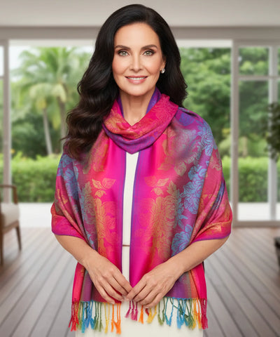 Comprar echarpe feminina jacquard estampa penas de pavão multicolorida com franjas barato  ANELLIMN