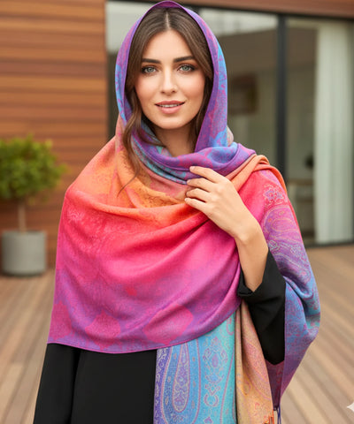 Comprar echarpe feminina jacquard estampa penas de pavão multicolorida com franjas barato  ANELLIMN