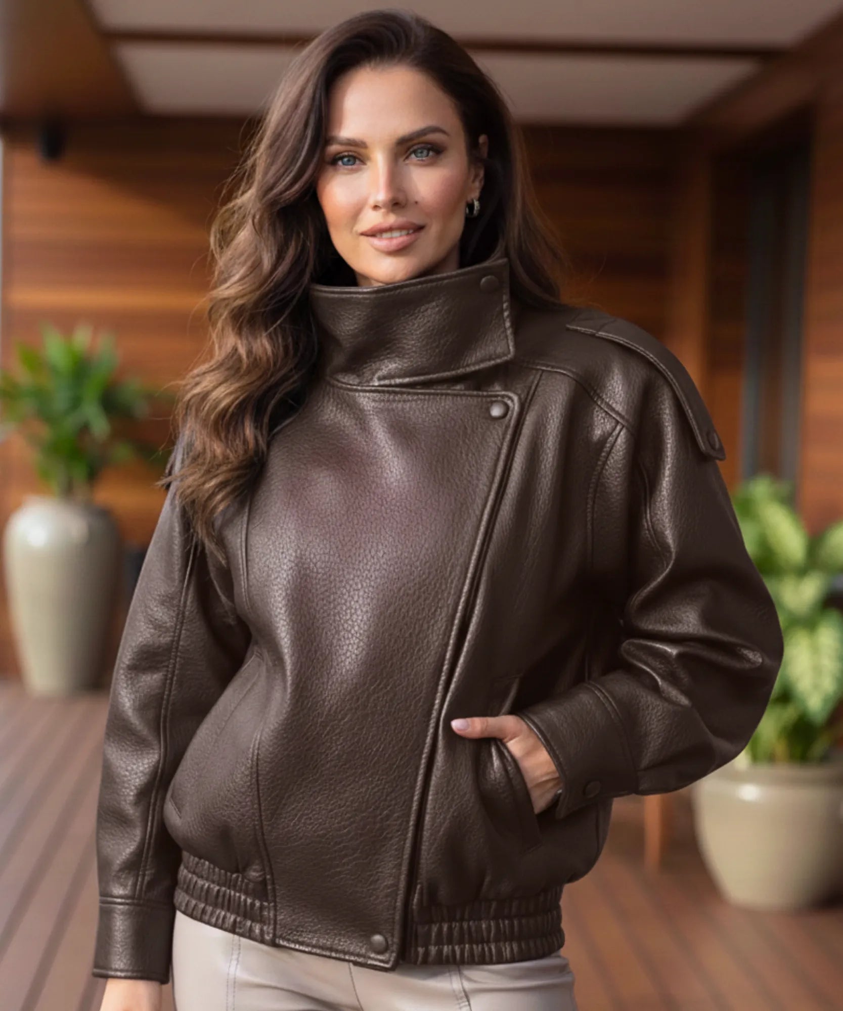 Comprar jaqueta de couro feminino oversized biker gola alta motoqueira em promoçãoZARA
