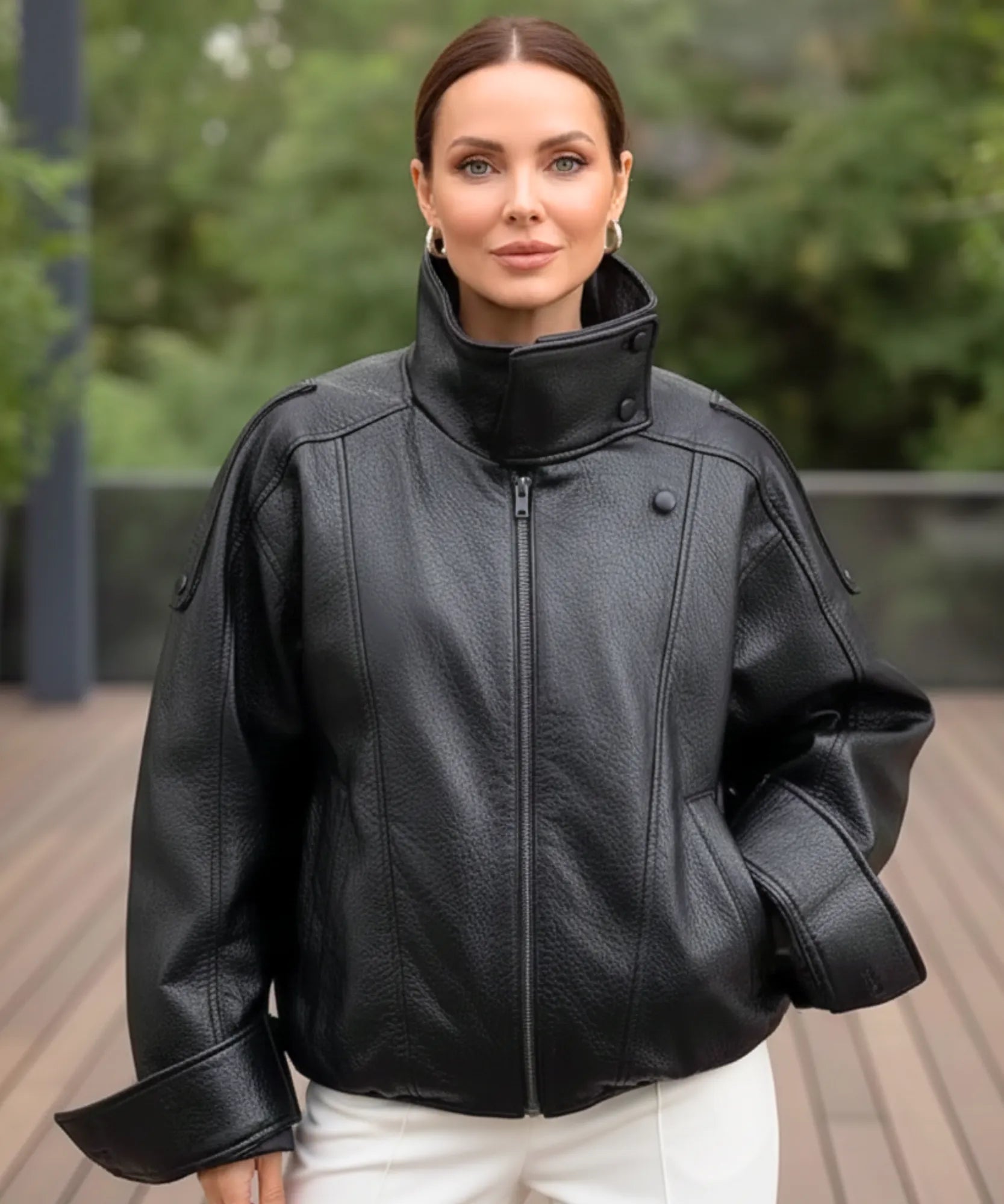 Comprar jaqueta de couro feminino oversized biker gola alta motoqueira em promoçãoZARA