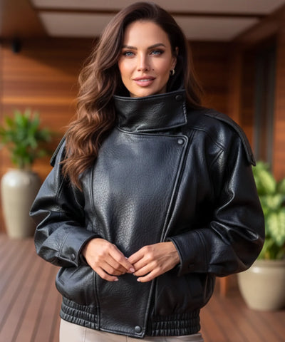 Comprar jaqueta de couro feminino oversized biker gola alta motoqueira em promoçãoZARA