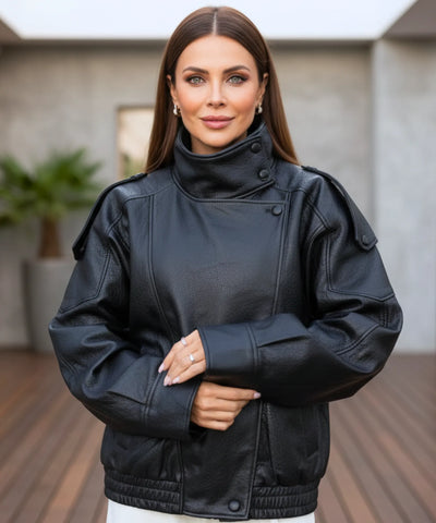 Comprar jaqueta de couro feminino oversized biker gola alta motoqueira em promoçãoZARA