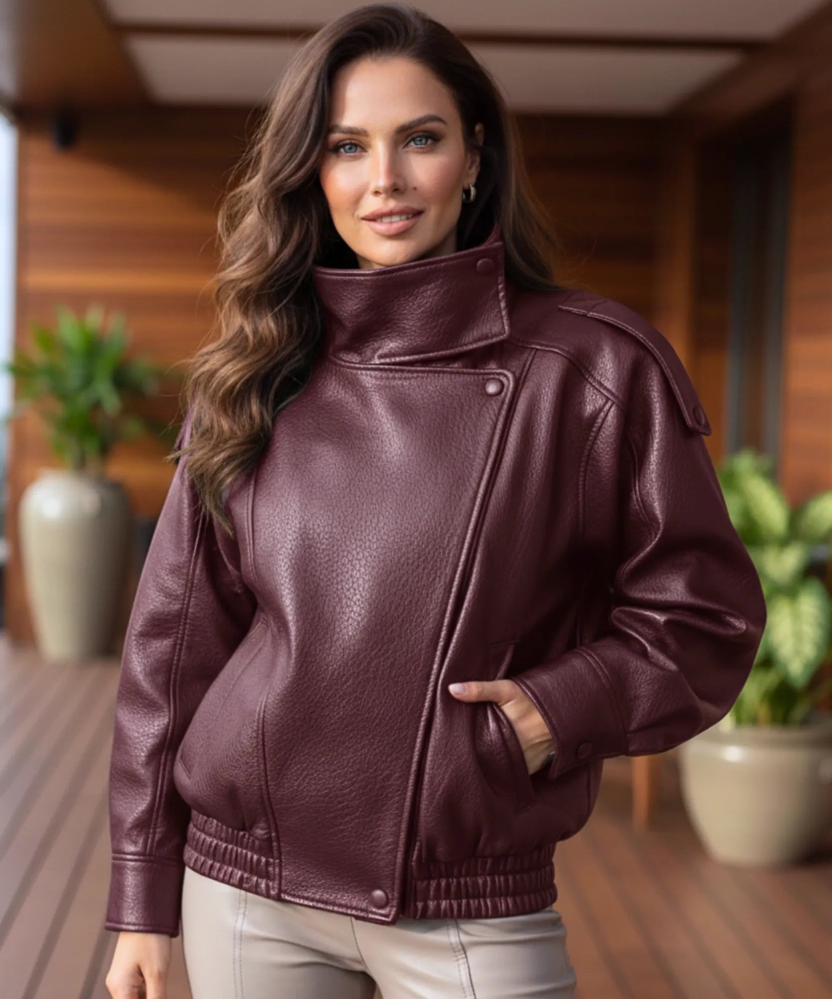 Comprar jaqueta de couro feminino oversized biker gola alta motoqueira em promoçãoZARA