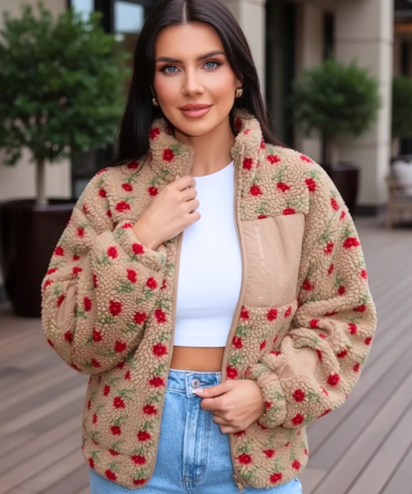 Comprar jaqueta feminina fleece pelúcia floral oversized gola alta inverno promoção ZARA