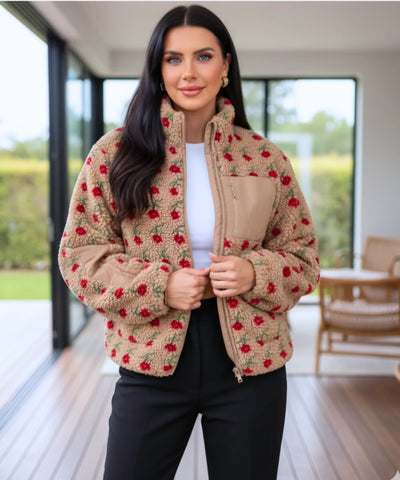 Comprar jaqueta feminina fleece pelúcia floral oversized gola alta inverno promoção ZARA